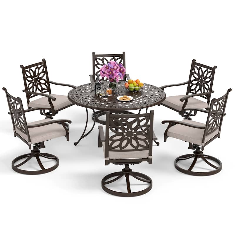 MAISON ARTS 7-Piece Cast Aluminum Patio Dining Set with Round Dining Table & 6 Dining Chairs