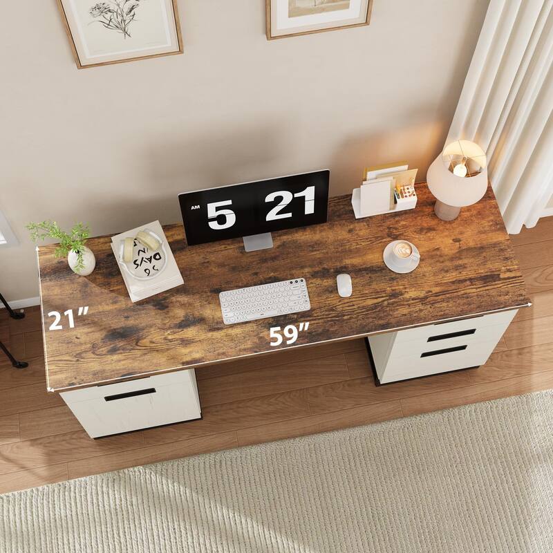 59" Farmhouse Executive Desk, Home Office Desk with File Drawer and Storage Cabinet