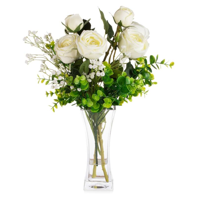 Mixed Artificial Rose Floral Arrangements in Vase Table Centerpieces for Dining Room Decoration - cream
