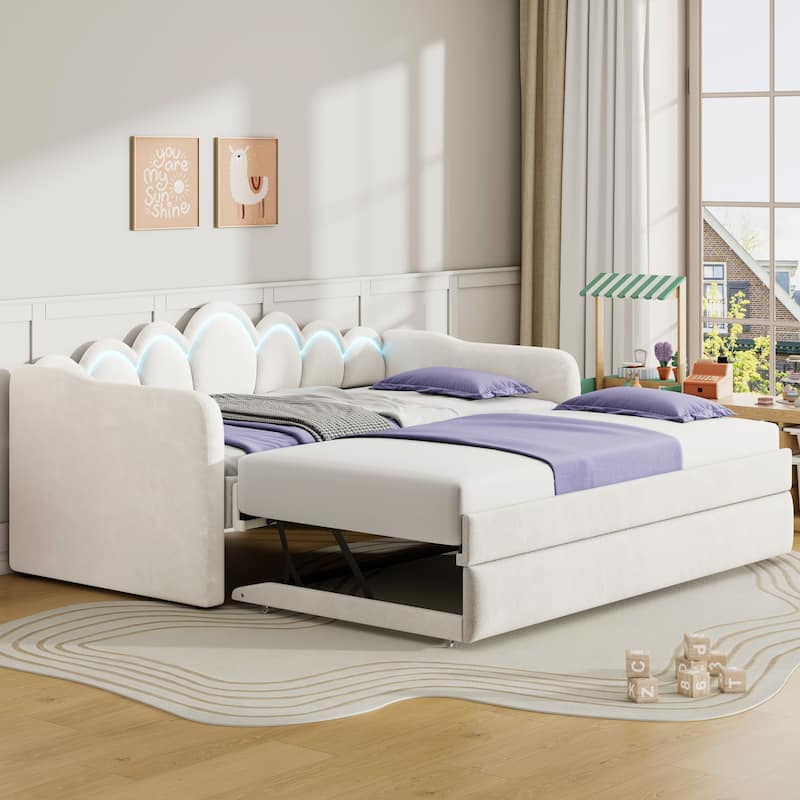 Twin XL Velvet Upholstered Daybed with Pull-Out Trundle and Wave Backrest LED Light