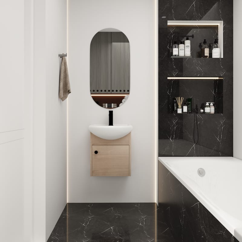 Small Size 18 Inch Bathroom Vanity With Ceramic Sink,Wall Mounting Design - Plain Light Oak