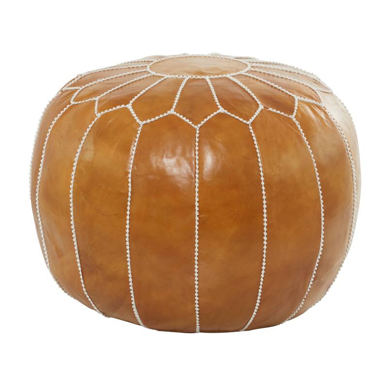 Leather Floral Moroccan Pouf with White Stitching - Black or Light Brown - Roche River Decor
