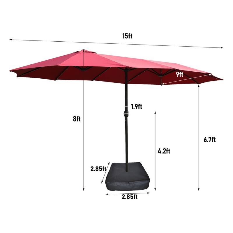 15x9ft Double-Sided Rectangular Outdoor Patio Umbrella with Light and Base - Red