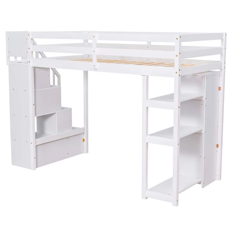 Loft Bed with Storage Drawers ,Desk and Stairs, Wooden Loft Bed with Shelves