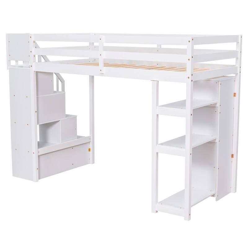 Twin Size Wooden Loft Bed with Storage Drawers, Shelves, and Stairs - White