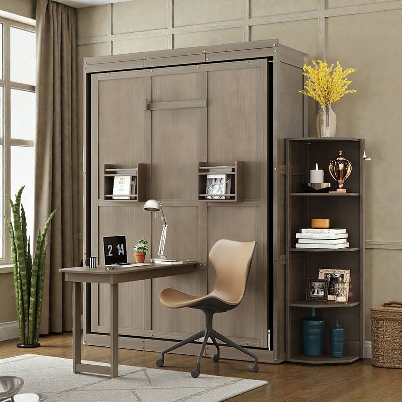 Queen Rotating Murphy Bed with Desk, Dual 3-Tier Side Shelves, Hidden Wall Cabinet, Space-Saving Wall Bed - Grey - Queen