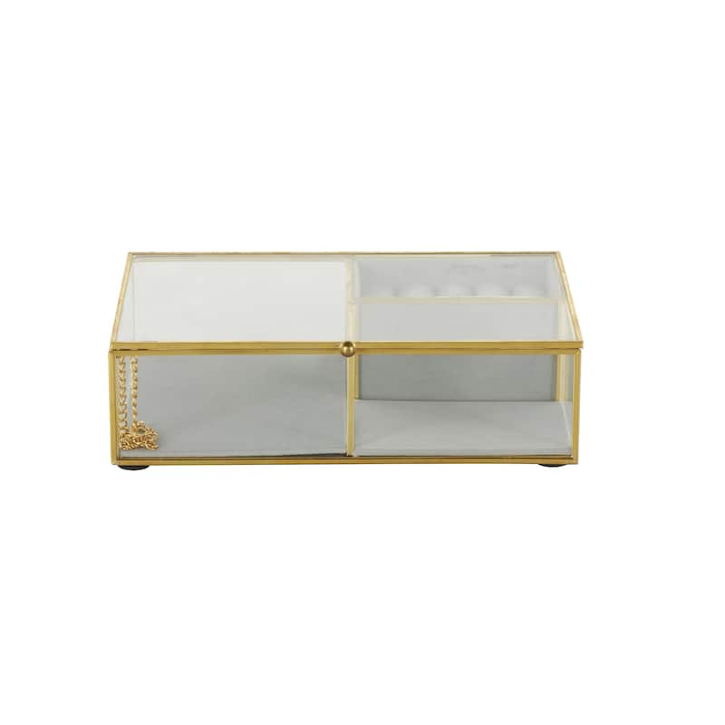 Glass Decorative Jewelry Box with Gold Metal Frame and Gray Fabric Interior with Ring Slots - Clear - Roche River Decor