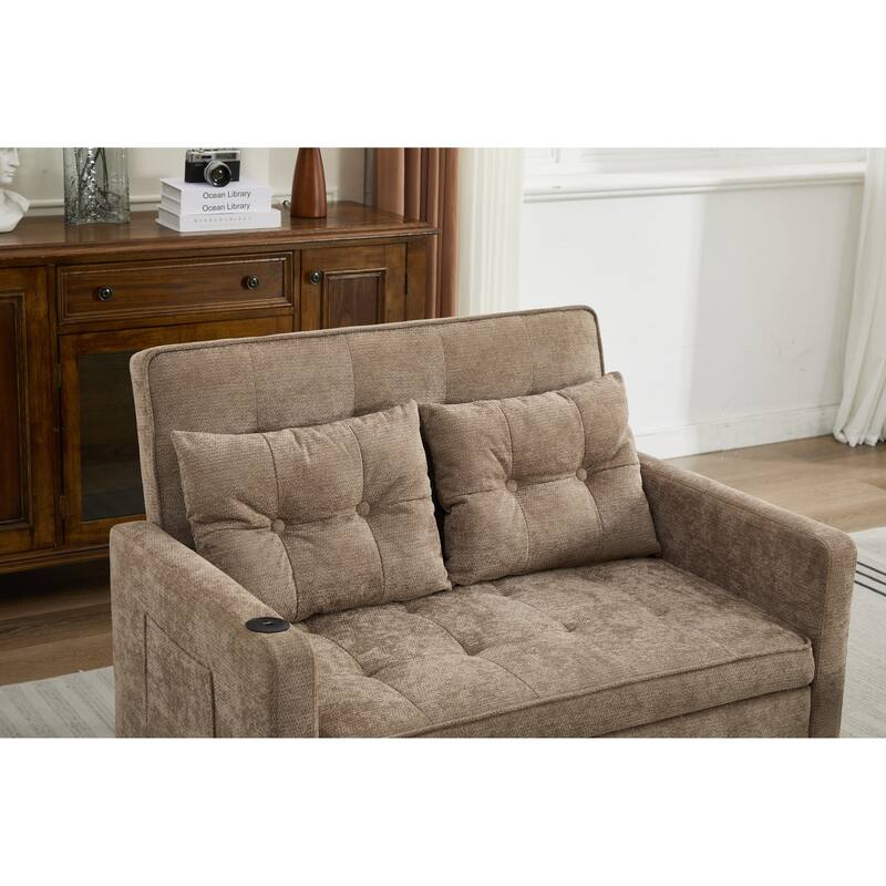 Pull-Out Sofa Bed Daybed, Lounge Chaise Loveseat with Adjustable Backrest, Convertible Sleeper Sofa with USB Charging
