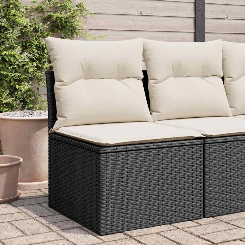 vidaXL Patio Sofa with Cushions Outdoor Seating Sectional Sofa Poly Rattan - Black and cream middle sofa - 24.4 x 21.7 x 27.2 in