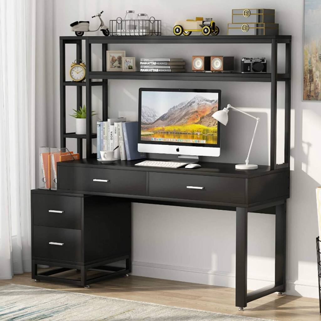 Rustic Computer Desk with 4 Drawers and Storage Hutch for Home Office