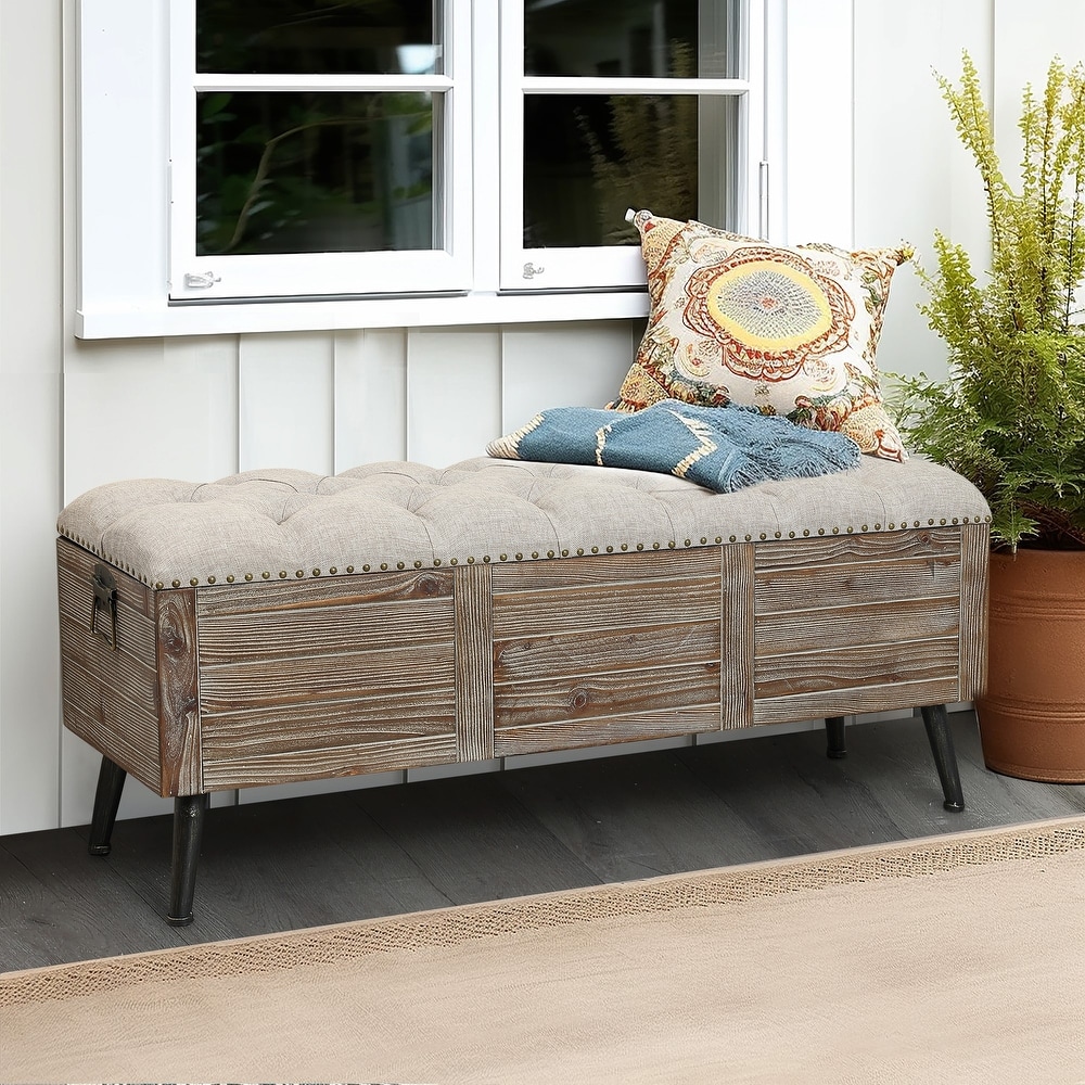 Storage Bench, Rustic Style 2-Door Storage Bench with 4 Small Storage  Spaces and Linen Upholstered Top Cushion, Wood Storage Bench for Entryway,  Foyer