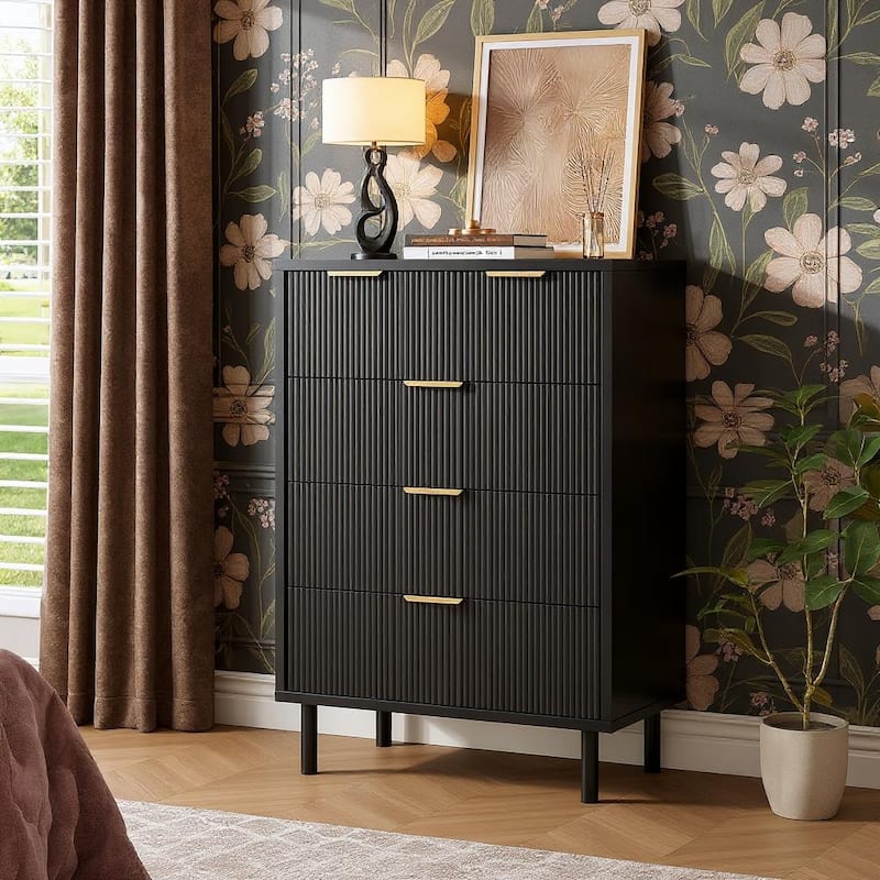 38'' Wave Fluted 5 Drawer Dresser, with Anti-Tipping Device - Black