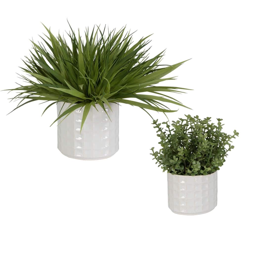 Greenery with Glossy Textured Tabletop Artificial Planter- 18" - Green and White - Set of 2