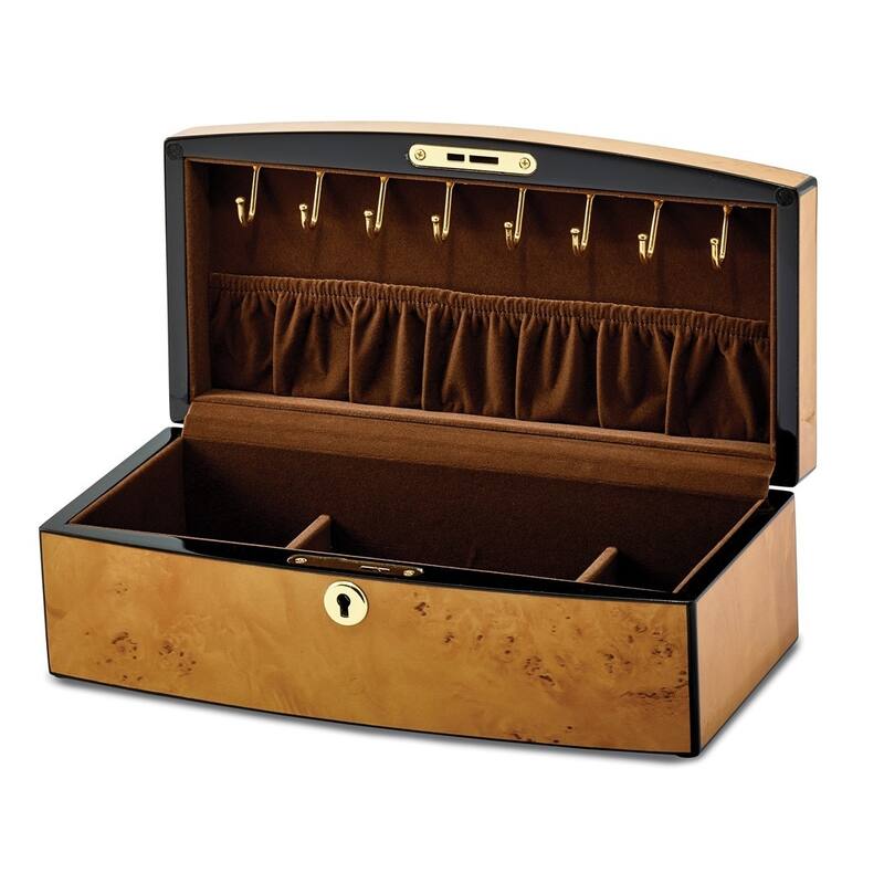 Curata Luxury Giftware High Gloss Finish Burlwood Veneer with Lift Tray Locking Wooden Jewelry Box