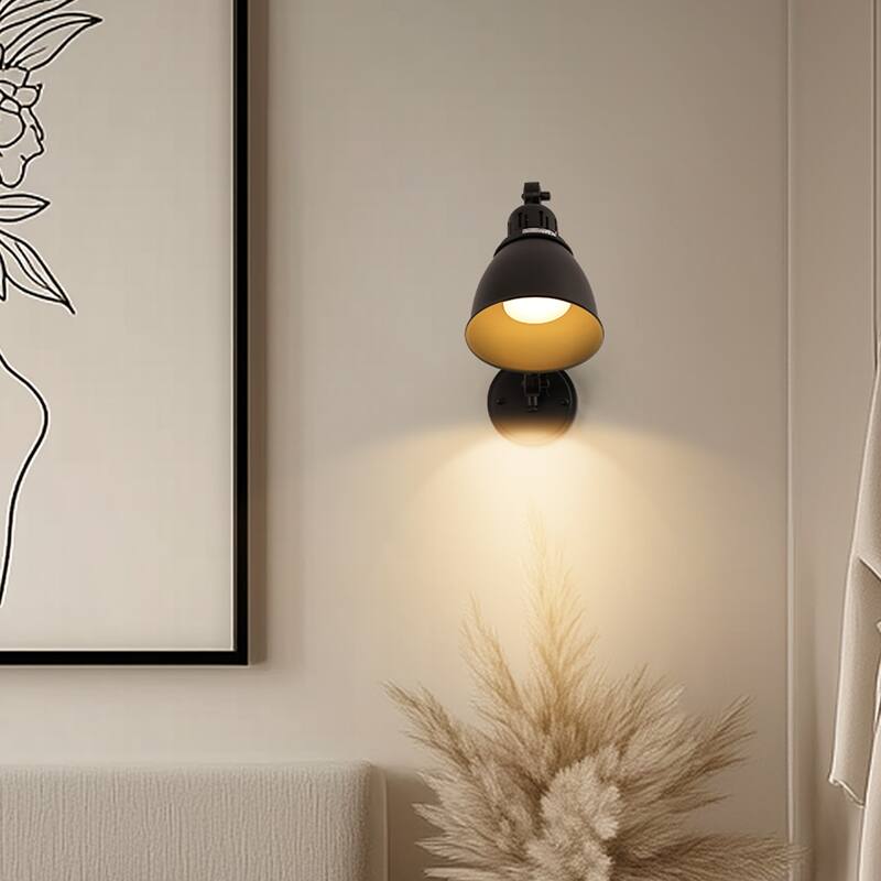 All-Black Wall Sconces Set of 2 with Swing Arm, Cone Shade, E26 Rechargeable Light, Battery Operated, Remote Control
