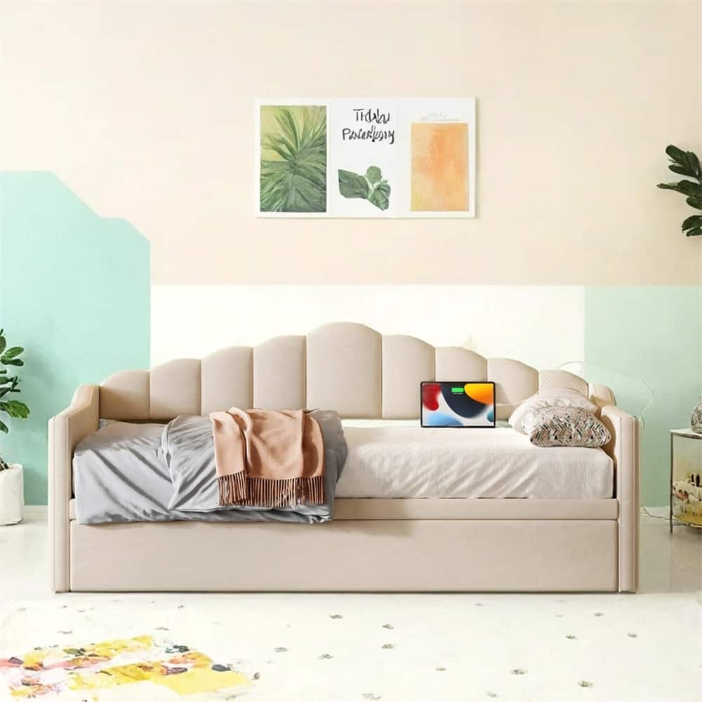 Upholstered Twin Size Daybed w/Adjustable Height Pop Up Trundle Bed