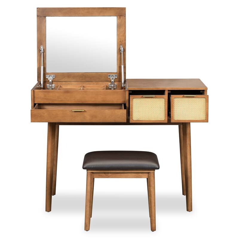 Brown Makeup Vanity Desk Set with Flip-top Mirror & Drawers, Wood Writing Desk Dressing Table and Upholstered Stool Set