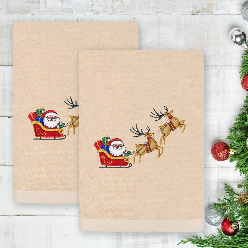 Authentic Hotel and Spa Christmas SANTA'S SLED Embroidered Luxury 100% Turkish Cotton Hand Towels Set of 2