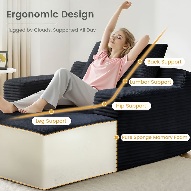 67" Oversized Chaise Lounge Chair Sofa Bed With Corduroy Upholstery, Large Corduroy Floor Sofa With Pillows