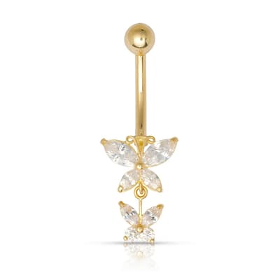 Curata Solid 10k Yellow Gold 14G Marquise Butterfly Dangling Simulated Diamond CZ Belly Ring (10mm x 29mm)