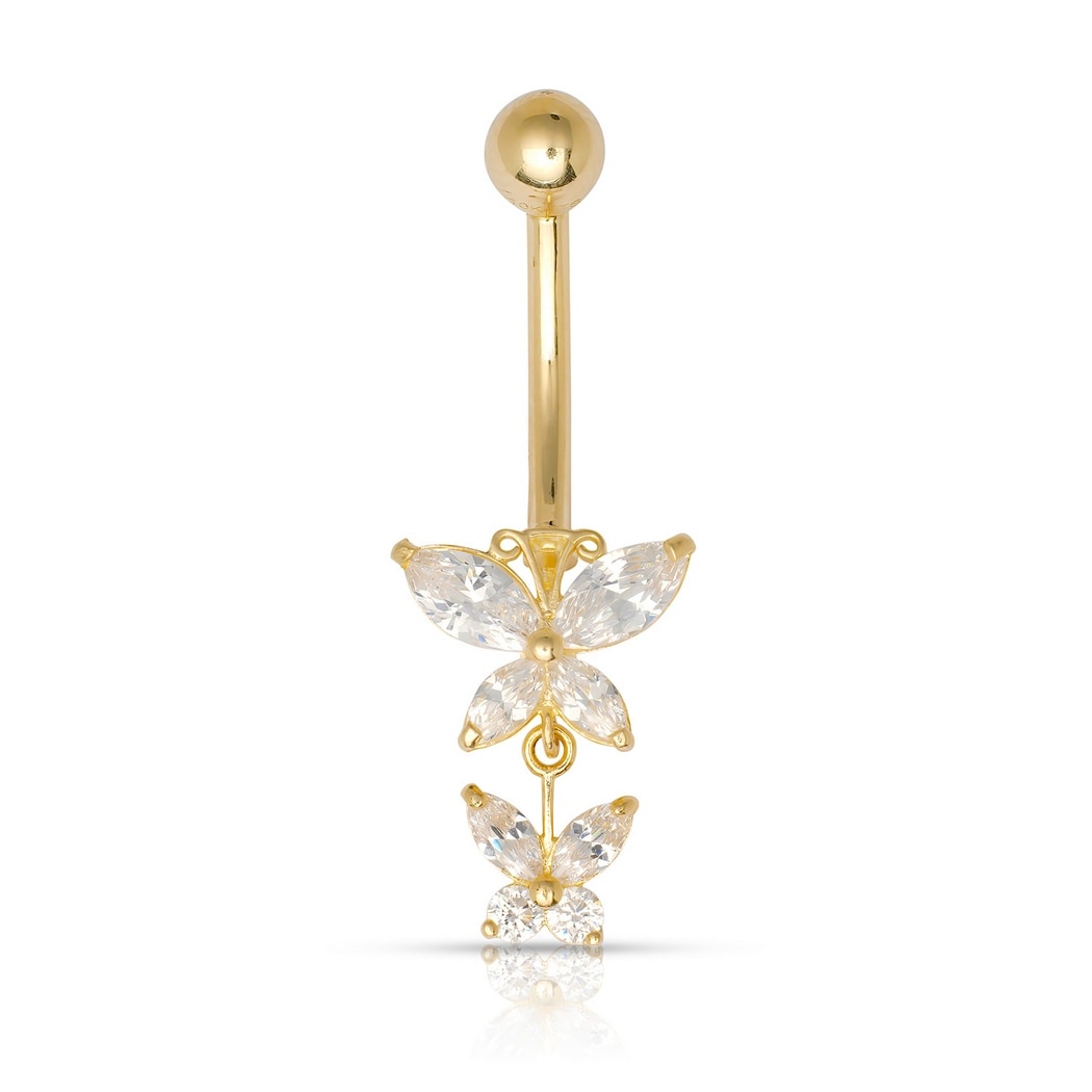 Curata Solid 10k Yellow Gold 29x10mm 14G Dangling Butterfly Cubic Zirconia Belly Ring