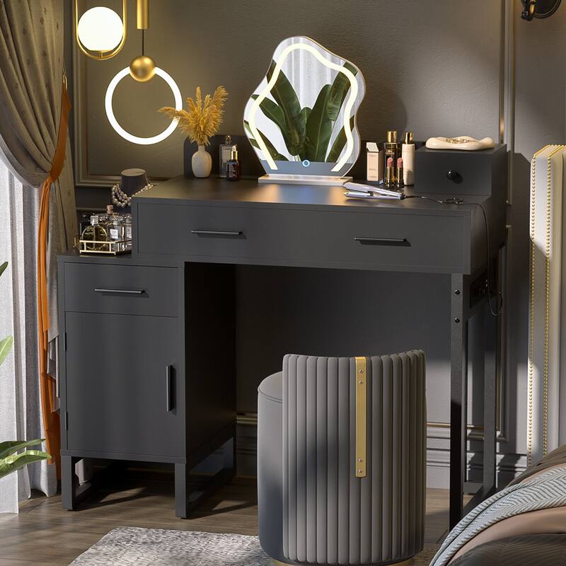 Vanity Desk with 4 Storage Drawers,Modern Makeup Vanity Table with Charging Station - Black