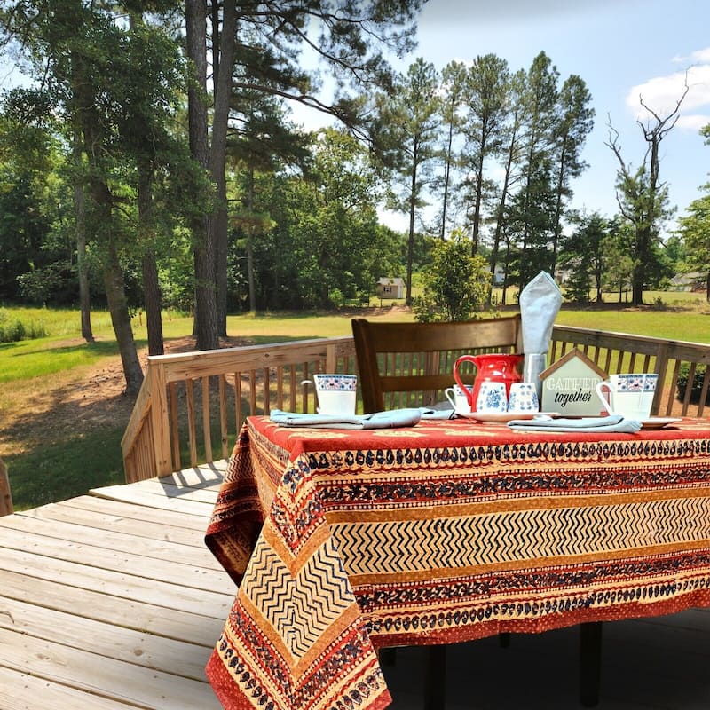 Chic Rustic Geometric Cotton Block Print Tablecloth Collection - 60 x 60 in