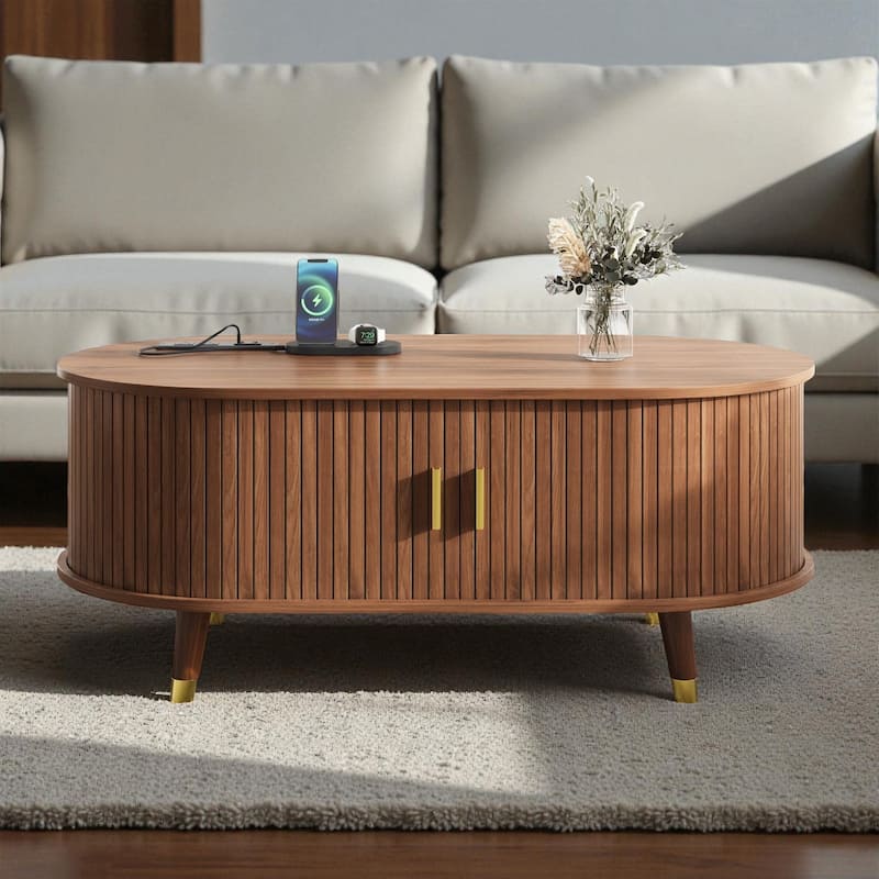 42.5'' Oval Fluted Coffee Table with Charging Station, Mid-Century Tambour Door Center Table with Solid Wood Legs - Walnut