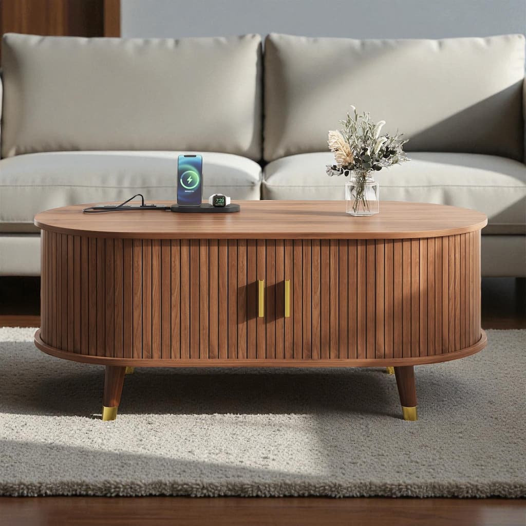 42.5'' Oval Fluted Coffee Table with Charging Station, Mid-Century Tambour Door Center Table with Solid Wood Legs