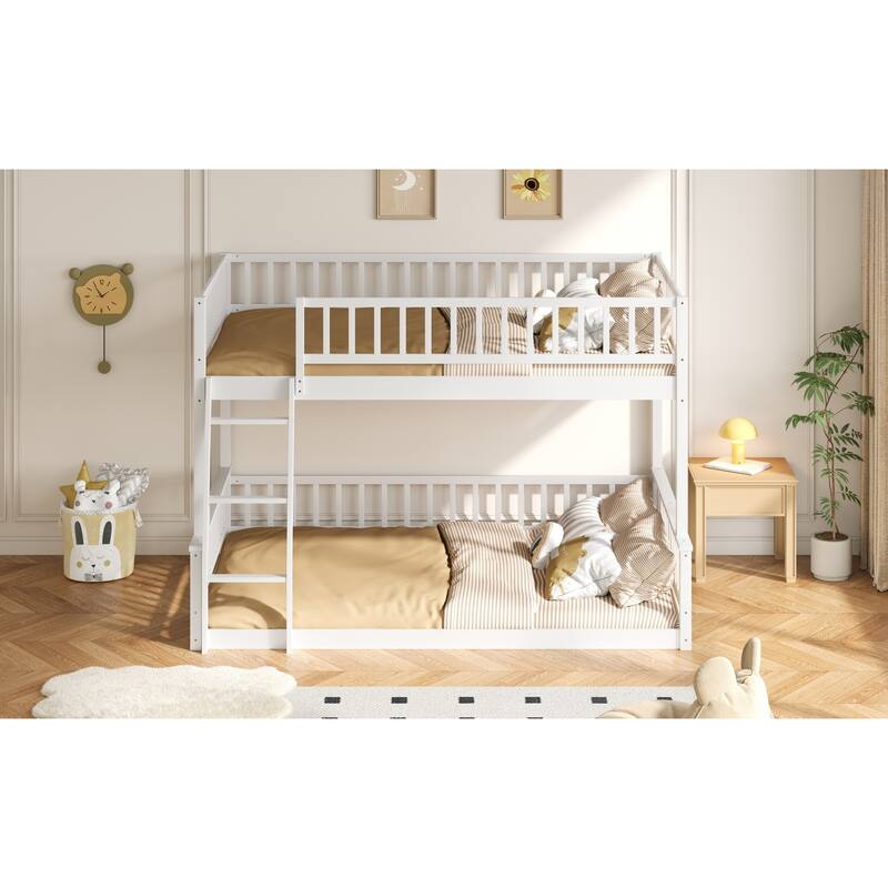 Roomfitters Full XL Over Queen Bunk Bed with Ladder and Guardrails, Solid Wood Frame, White