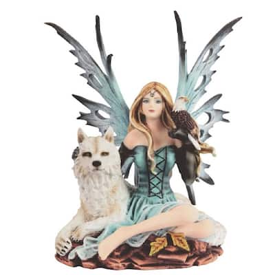 Q-Max 8"H Blue Fairy with Wolf and Eagle Statue Fantasy Decoration Figurine
