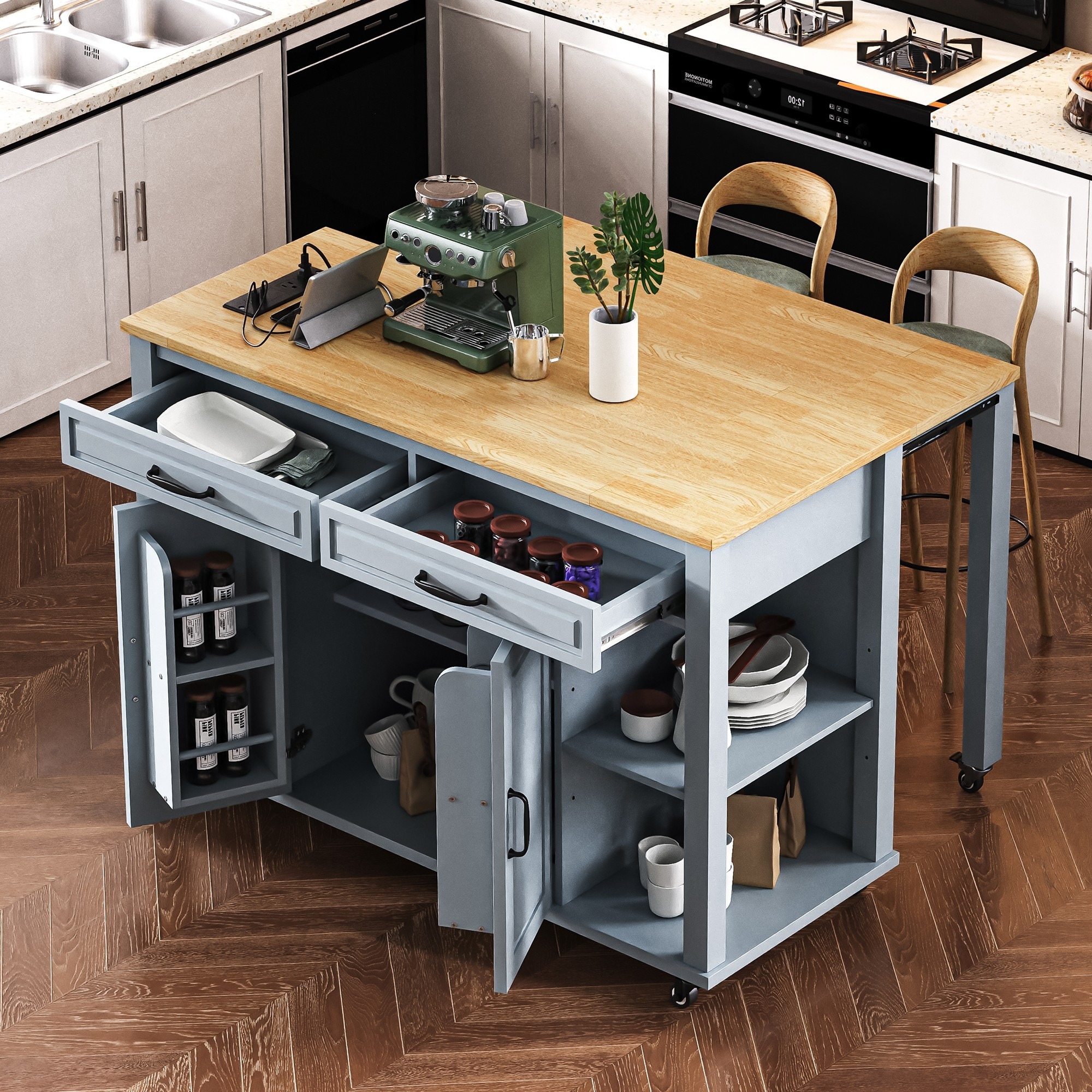 47 inch Kitchen Island with Extendable Dining Table with Internal Storage Rack,Power Outlet,Storage 2 Drawers 2 Cabinet