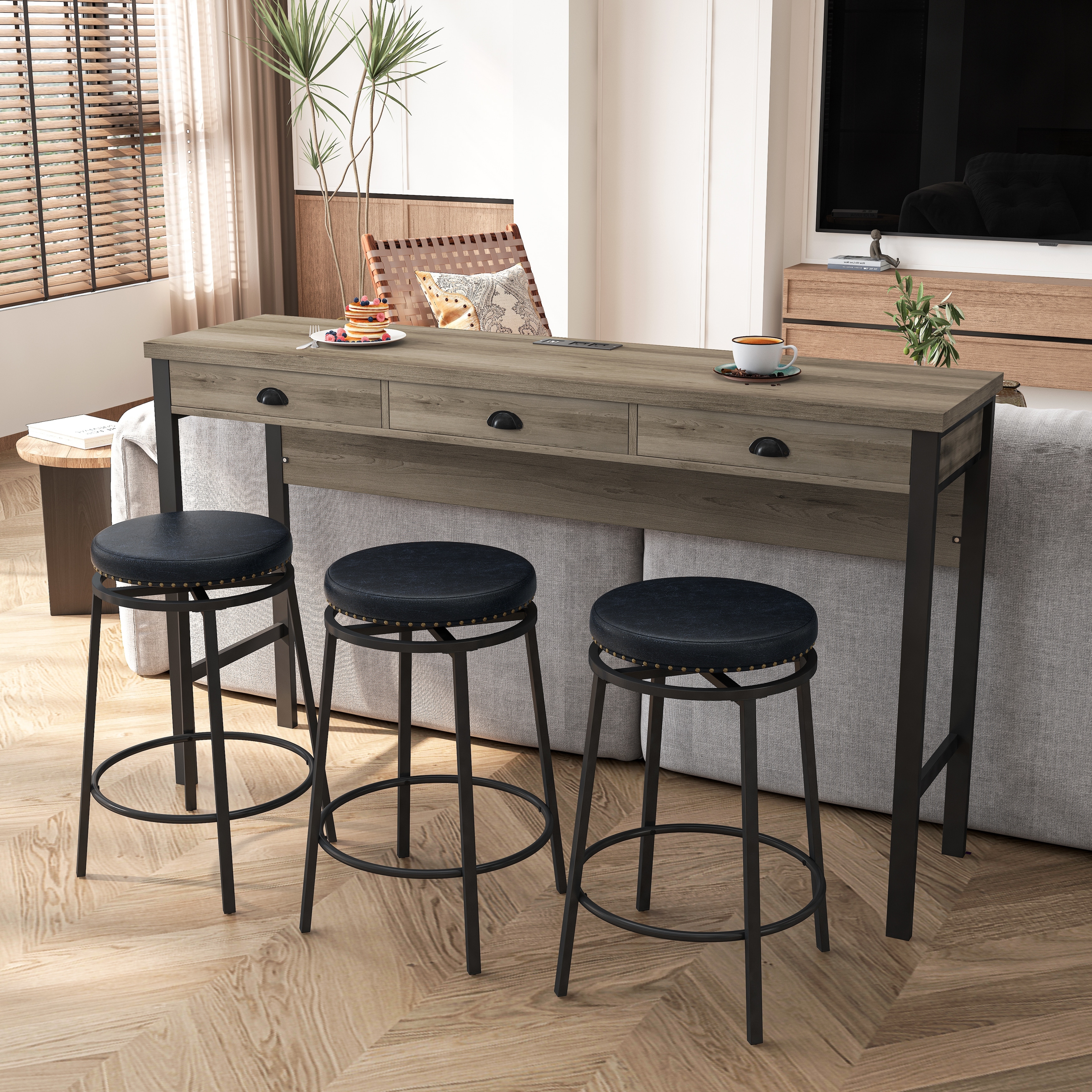 Black Dining Table and Chair Set with Shell Handle Drawers, Computer Table with Power Outlet, Round Upholstered Dining Chairs