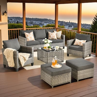 OVIOS 6 Pieces Outdoor Wicker Sectional Set With Solar-Powered Table