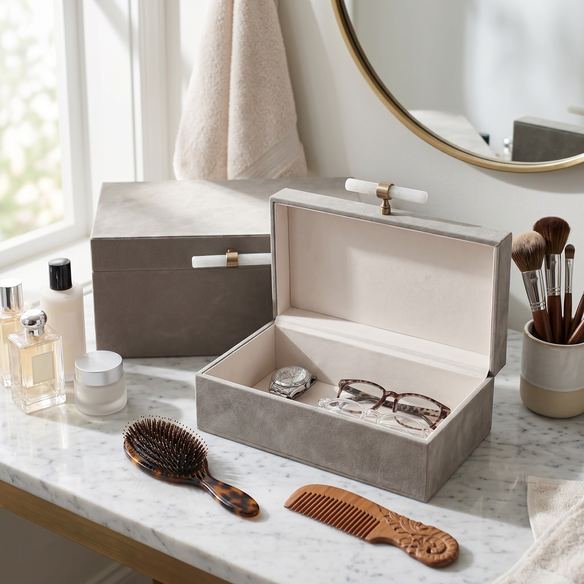 Decorative Wood Box with Lid and Stone Handle - Set of 2, 5", 6" Gray - 14.0"