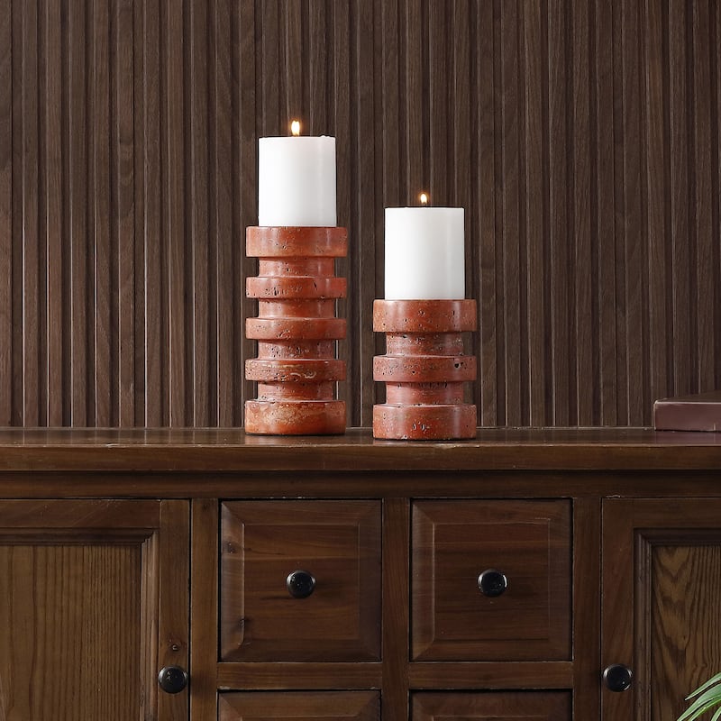 SAFAVIEH Home Capri Orange/Rust Travertine Pillar Tapered Candle Holder Set of 2