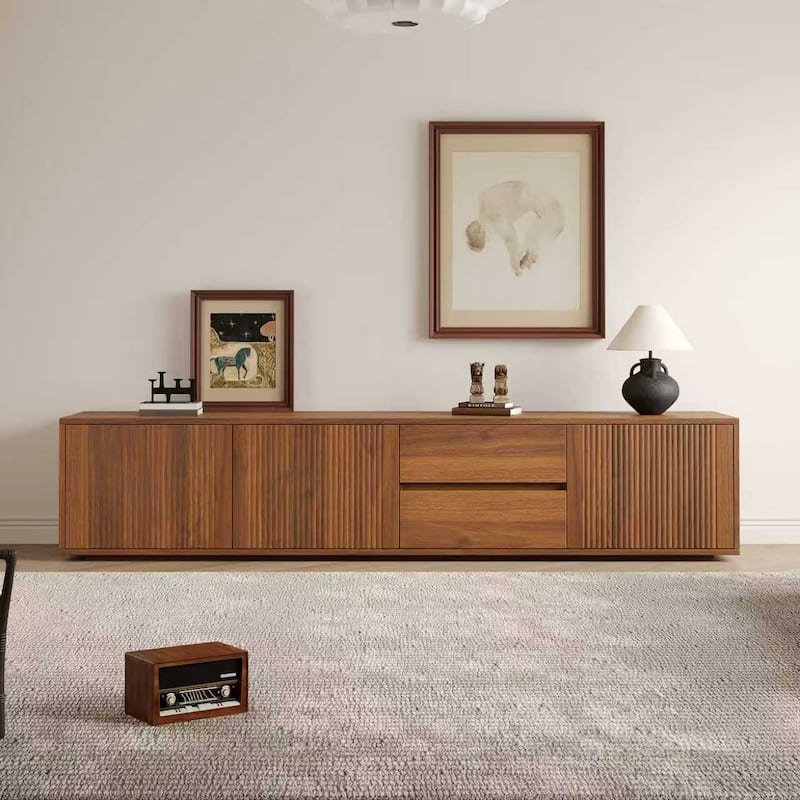 78.74" Mid Century Brown Wood TV Stands, 2 Drawers and Cabinets