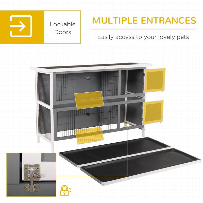 Dark Grey Fir Wood Bunny Hutch with Metal Wire, Dual Cages and Roof - 53.75" L x 19.75" W x 36.5" H