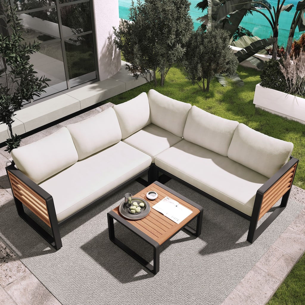 4 Pieces Outdoor Patio Conservation Set, Metal and Wood Frame Sectional L-shaped Sofa with Soft Cushion and a Coffee Tables