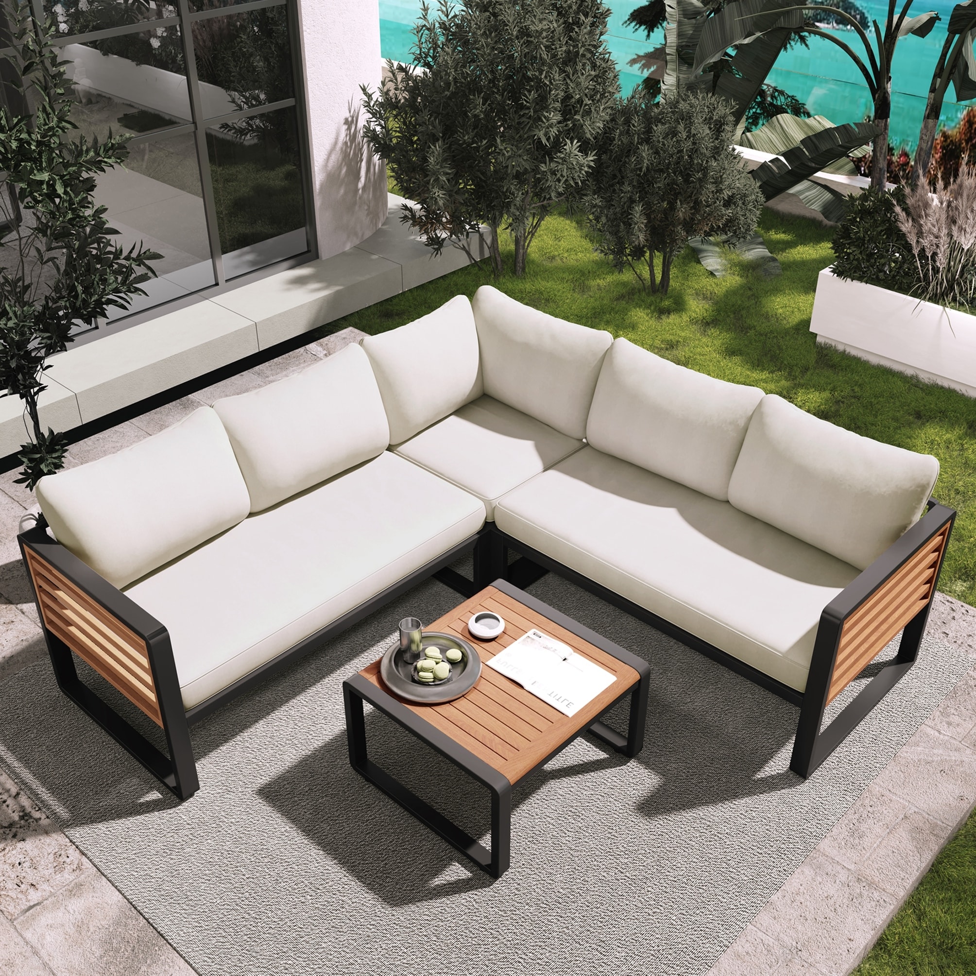 4 Pieces Outdoor Patio Conservation Set, Metal and Wood Frame Sectional L-shaped Sofa with Soft Cushion and a Coffee Tables