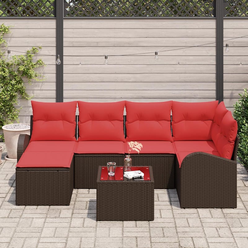 vidaXL 6/7 Garden Sofa Set with Cushions Black/Brown/Grey Poly Rattan - 92.1 x 48.8 x 27.2