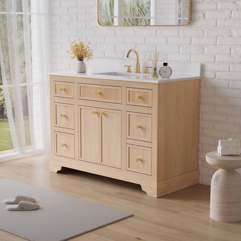 35''H Bath Solid Wood Vanity with Stain-resistant Carrera White Quartz Top And Single Sink