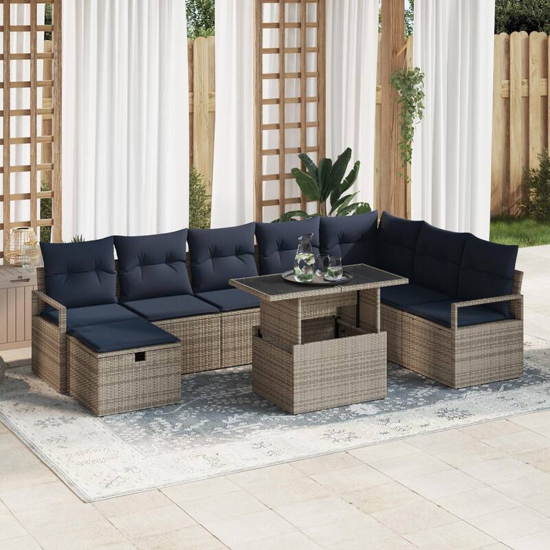 vidaXL 9 Garden Sofa Set with Cushions Black/Brown/Grey Poly Rattan - 113 x 69.7 x 27.2 - Grey