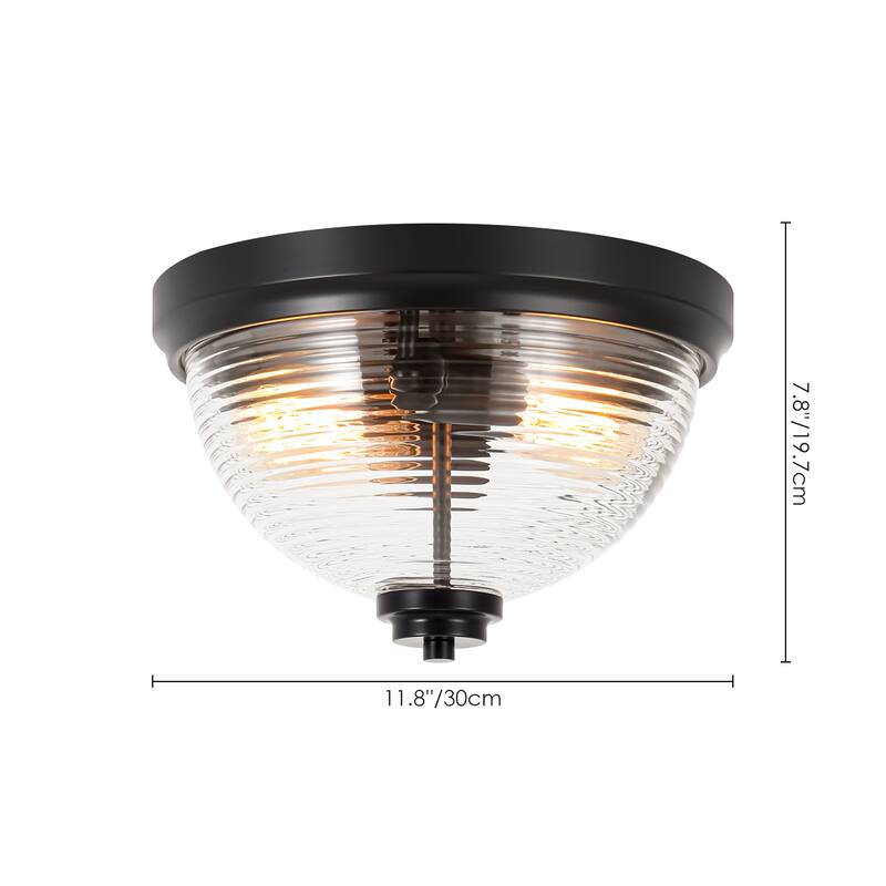11.8 in. 2-Light Modern Matte Black Dome Flush Mount Ceiling Light with Clear Ribbed Glass Shade for Bedroom
