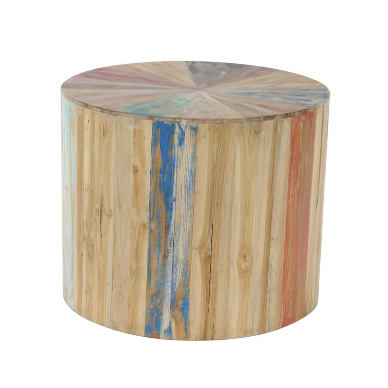 Brown Reclaimed Wood Handmade Pinwheel Drum Geometric Coffee Table with Colorful Painted Accents