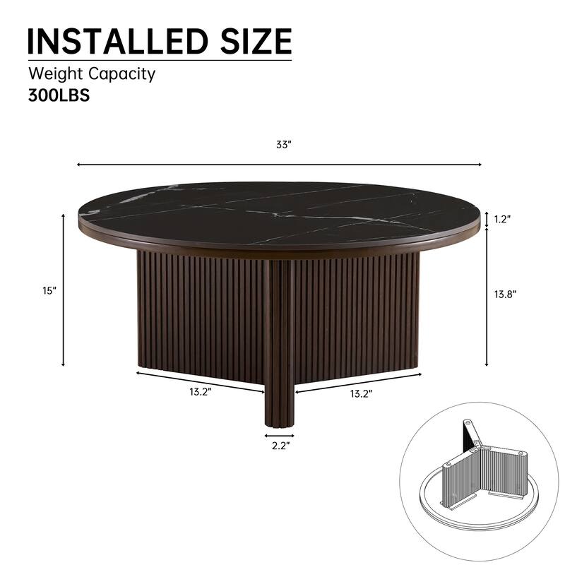 35" Round Coffee Table with Sintered Stone Top and Vertical-Groove Column Base for Living Room