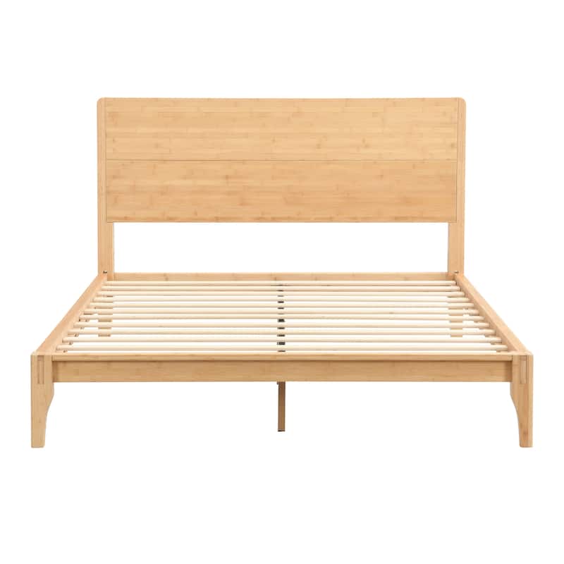 Full/Queen/King Bamboo Platform Bed, Mid-Century Modern Bed Frame with Tall Headboard, Wood Slat Support, No Box Spring Needed