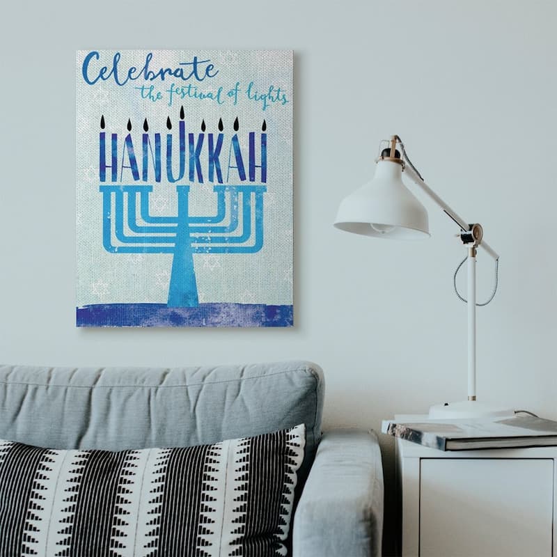 Stupell Festival Of Lights Hanukkah Holiday Menorah Blue Word Design Canvas Wall Art, Proudly Made in USA