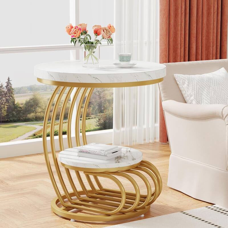 2 Tiers Faux Marble Side Table with Storage Shelf