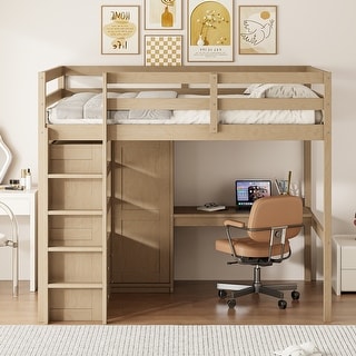 Full Size Loft Wood Bed with Desk, Drawers & Storage Shelves, Bedframe with Wardrobe, Full-Length Guard Rail for Bedroom Dorms